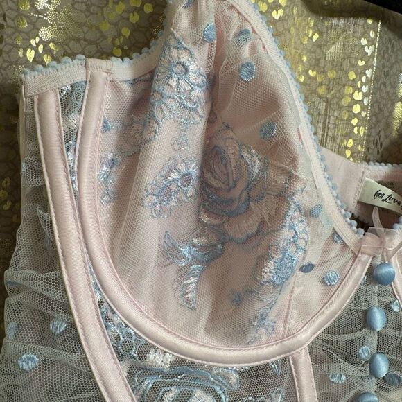 VS For Love & Lemons Foil Rose Pink Blue Sheer Mesh Bustier Coquette Top Large - Picture 3 of 13